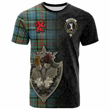 Scottish Cathcart Clan Crest Tartan T-Shirt - Half Thistle Flowers Celtic Design Front Side Tartan Plaid