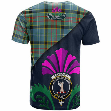 Scottish Cathcart Clan Crest Tartan T-Shirt - Scotland Thistle Style Back Side Tartan Plaid