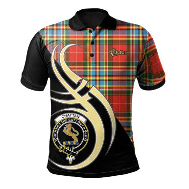 Scottish Chattan Clan Crest Tartan Polo Shirt Believe in Me Front Side Tartan Plaid