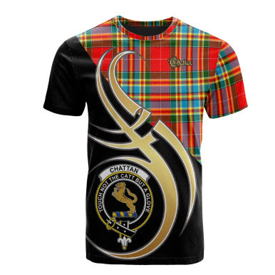 Scottish Chattan Clan Crest Tartan T-Shirt Believe in Me Front Side Tartan Plaid