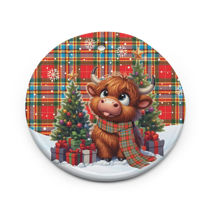 Scottish Chattan Clan Tartan Ceramic Ornament Cute Highland Cow Christmas Circle Style Tartan Plaid