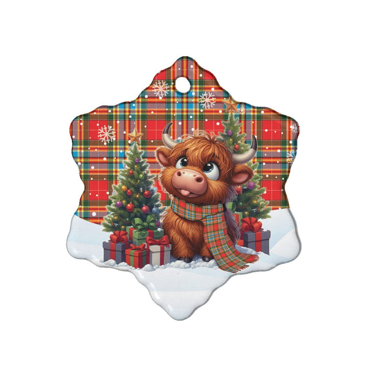 Scottish Chattan Clan Tartan Ceramic Ornament Cute Highland Cow Christmas Snow Flake Style Tartan Plaid
