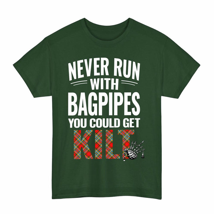 Scottish Chattan Clan Tartan Never Run With Bagpipes T-Shirt Tartan Plaid Forest Green Color