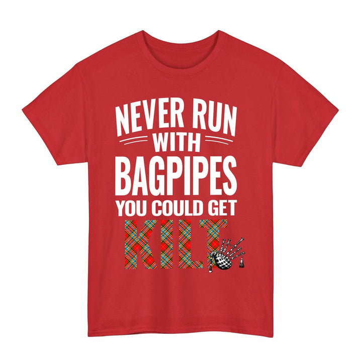Scottish Chattan Clan Tartan Never Run With Bagpipes T-Shirt Tartan Plaid Red Color