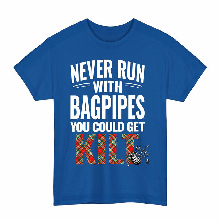 Scottish Chattan Clan Tartan Never Run With Bagpipes T-Shirt Tartan Plaid Royal Color