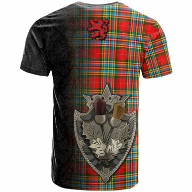 Scottish Chattan Clan Tartan T-Shirt - Half Thistle Flowers Celtic Design Back Side Tartan Plaid