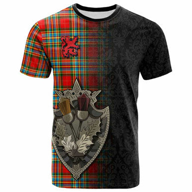 Scottish Chattan Clan Tartan T-Shirt - Half Thistle Flowers Celtic Design Front Side Tartan Plaid
