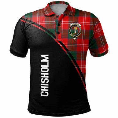 Scottish Chisholm Clan Crest Tartan Curve Polo Shirt Front Side Tartan Plaid