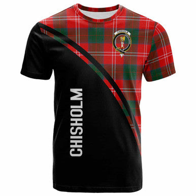 Scottish Chisholm Clan Crest Tartan Curve T-Shirt Front Side Tartan Plaid