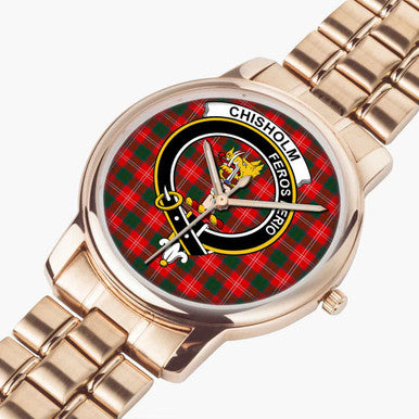 Scottish Chisholm Clan Crest Tartan Folding Clasp Steel Quartz Watches Tartan Plaid Rose Gold 2