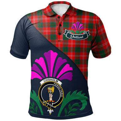 Scottish Chisholm Clan Crest Tartan Polo Shirt - Scotland Thistle Style Front Side Tartan Plaid