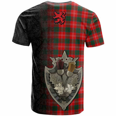 Scottish Chisholm Clan Crest Tartan T-Shirt - Half Thistle Flowers Celtic Design Back Side Tartan Plaid