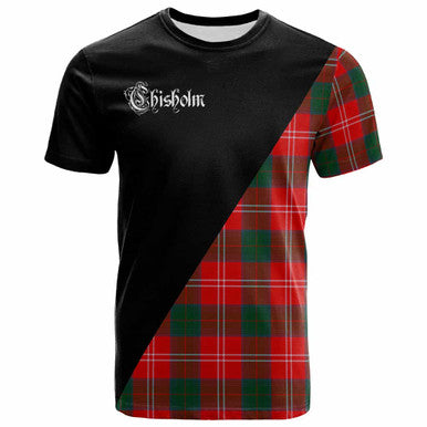 Scottish Chisholm Clan Crest Tartan T-Shirt - Military Logo Front Side Tartan Plaid