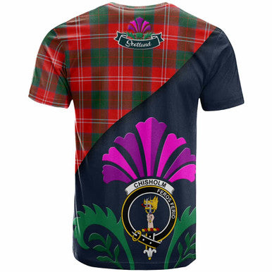 Scottish Chisholm Clan Crest Tartan T-Shirt - Scotland Thistle Style Back Side Tartan Plaid