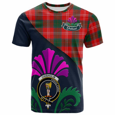 Scottish Chisholm Clan Crest Tartan T-Shirt - Scotland Thistle Style Front Side Tartan Plaid
