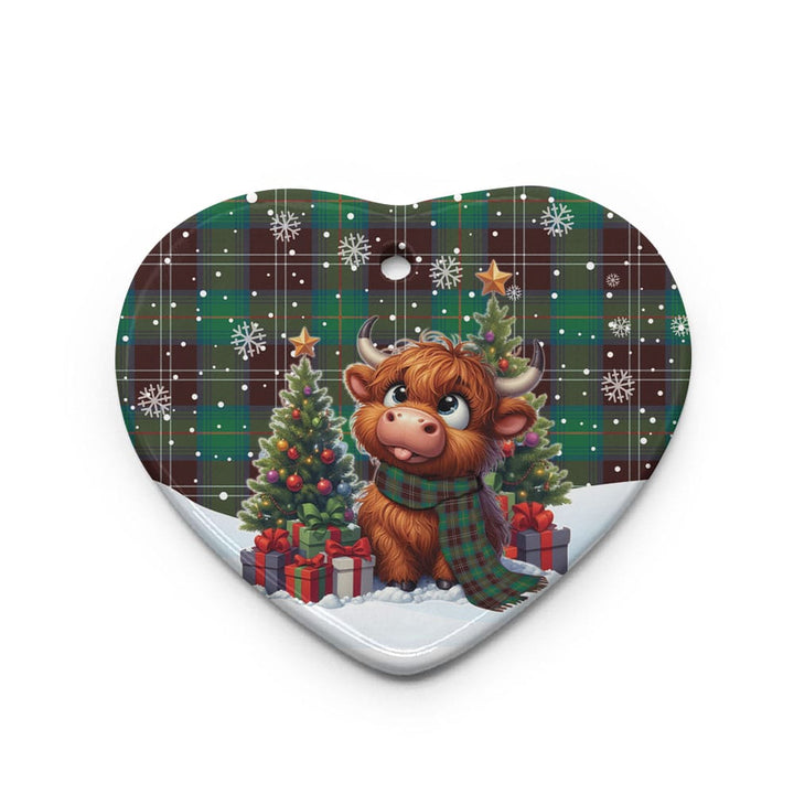 Scottish Chisholm Hunting Ancient Clan Tartan Ceramic Ornament Cute Highland Cow Christmas Heart Style Tartan Plaid