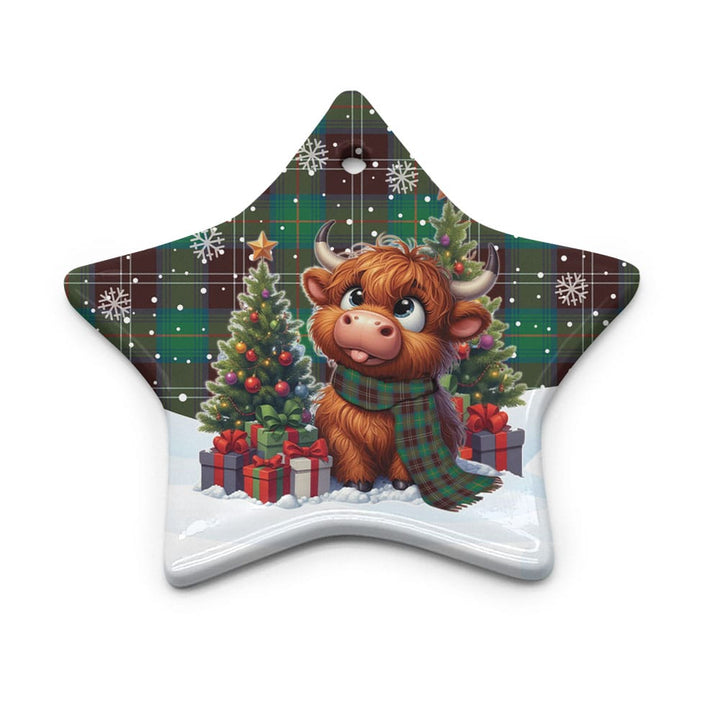Scottish Chisholm Hunting Ancient Clan Tartan Ceramic Ornament Cute Highland Cow Christmas Star Style Tartan Plaid