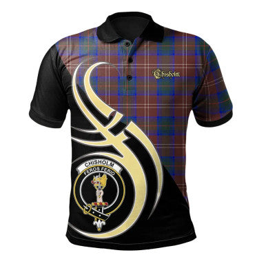 Scottish Chisholm Hunting Modern Clan Crest Tartan Polo Shirt Believe in Me Front Side Tartan Plaid