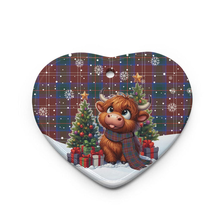 Scottish Chisholm Hunting Modern Clan Tartan Ceramic Ornament Cute Highland Cow Christmas Heart Style Tartan Plaid