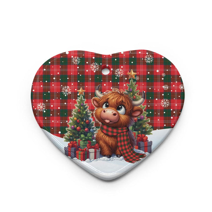 Scottish Chisholm Modern Clan Tartan Ceramic Ornament Cute Highland Cow Christmas Heart Style Tartan Plaid