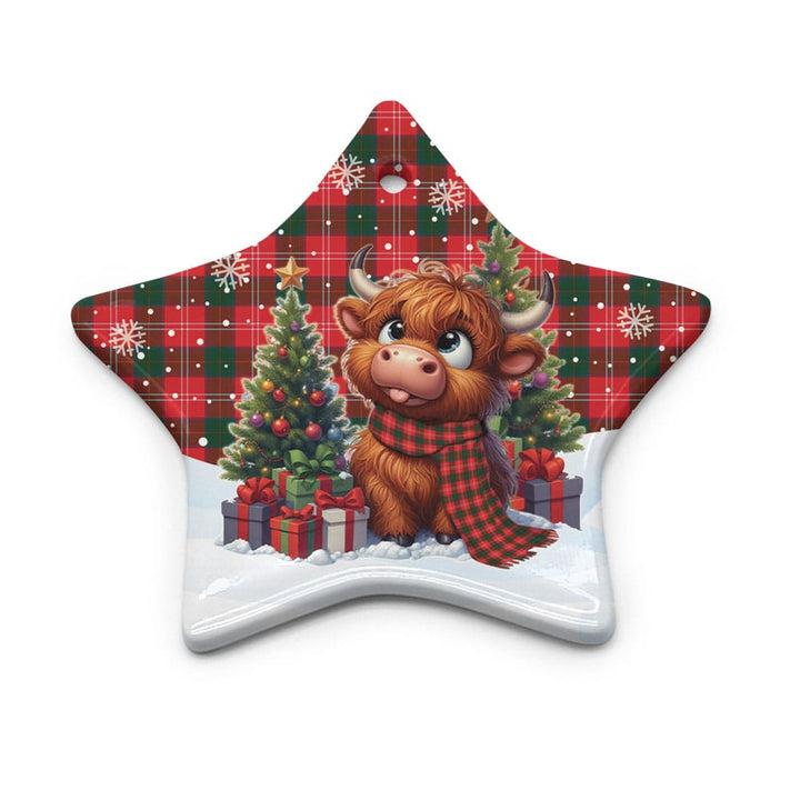 Scottish Chisholm Modern Clan Tartan Ceramic Ornament Cute Highland Cow Christmas Star Style Tartan Plaid