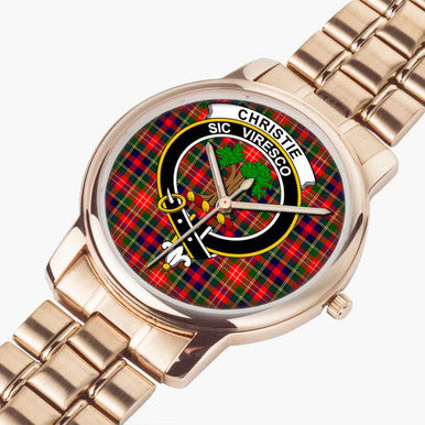 Scottish Christie Clan Crest Tartan Folding Clasp Steel Quartz Watches Tartan Plaid Rose Gold 2