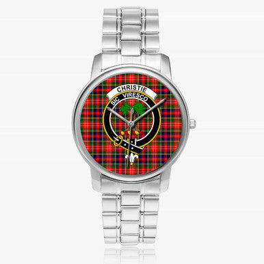 Scottish Christie Clan Crest Tartan Folding Clasp Steel Quartz Watches Tartan Plaid Silver 1