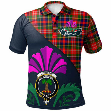 Scottish Christie Clan Crest Tartan Polo Shirt - Scotland Thistle Style Front Side Tartan Plaid