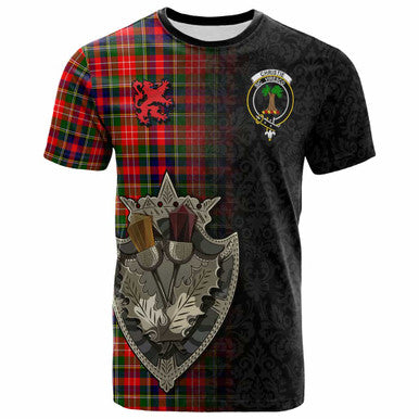 Scottish Christie Clan Crest Tartan T-Shirt - Half Thistle Flowers Celtic Design Front Side Tartan Plaid