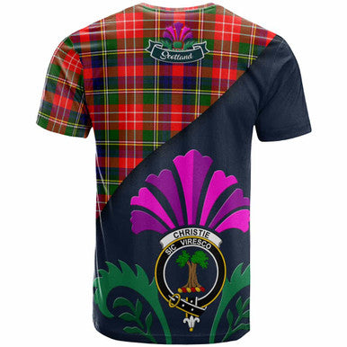 Scottish Christie Clan Crest Tartan T-Shirt - Scotland Thistle Style Back Side Tartan Plaid