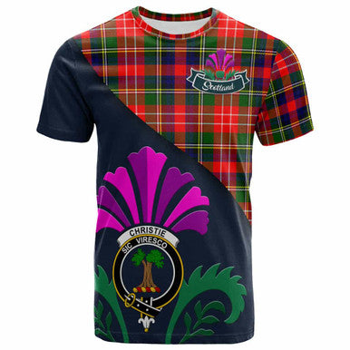 Scottish Christie Clan Crest Tartan T-Shirt - Scotland Thistle Style Front Side Tartan Plaid