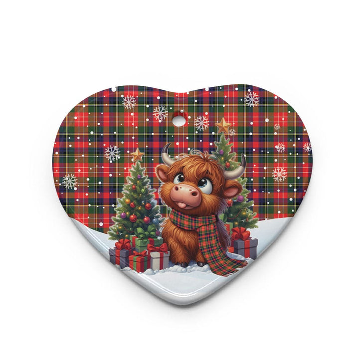 Scottish Christie Clan Tartan Ceramic Ornament Cute Highland Cow Christmas Heart Style Tartan Plaid