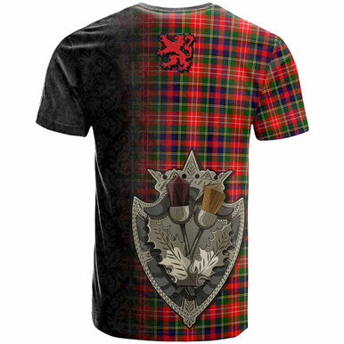 Scottish Christie Clan Tartan T-Shirt - Half Thistle Flowers Celtic Design Back Side Tartan Plaid