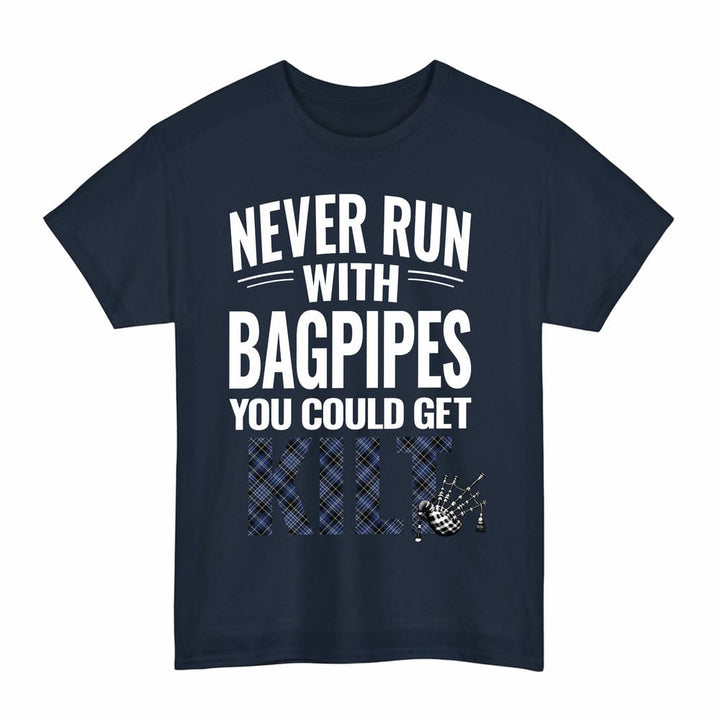 Scottish Clark Modern Clan Tartan Never Run With Bagpipes T-Shirt Tartan Plaid Navy Color