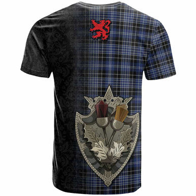 Scottish Clark Modern Clan Tartan T-Shirt - Half Thistle Flowers Celtic Design Back Side Tartan Plaid