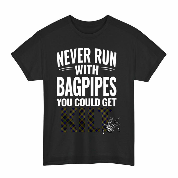 Scottish Clelland Modern Clan Tartan Never Run With Bagpipes T-Shirt Tartan Plaid Black Color