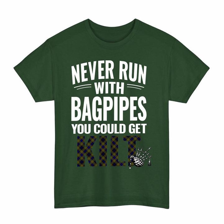 Scottish Clelland Modern Clan Tartan Never Run With Bagpipes T-Shirt Tartan Plaid Forest Green Color