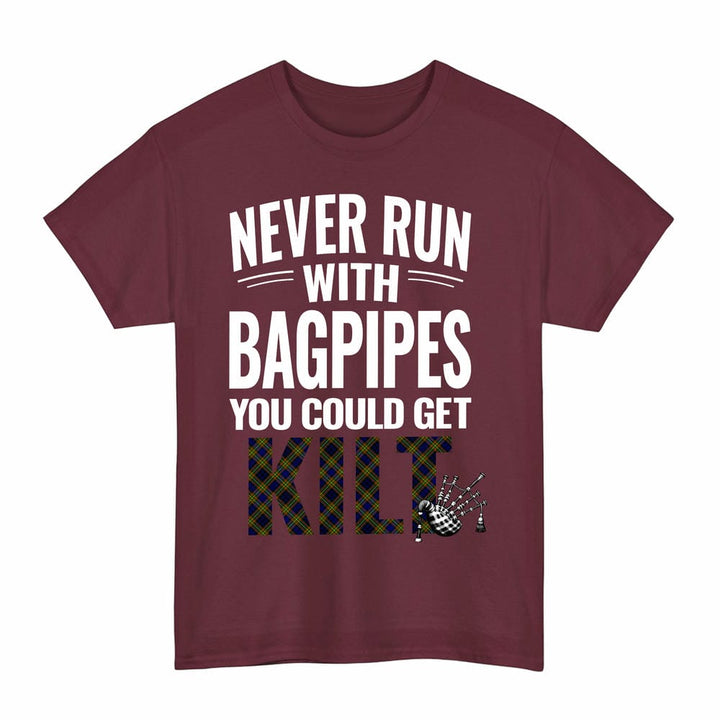 Scottish Clelland Modern Clan Tartan Never Run With Bagpipes T-Shirt Tartan Plaid Maroon Color