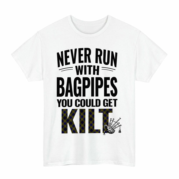 Scottish Clelland Modern Clan Tartan Never Run With Bagpipes T-Shirt Tartan Plaid White Color