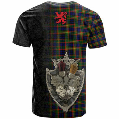 Scottish Clelland Modern Clan Tartan T-Shirt - Half Thistle Flowers Celtic Design Back Side Tartan Plaid