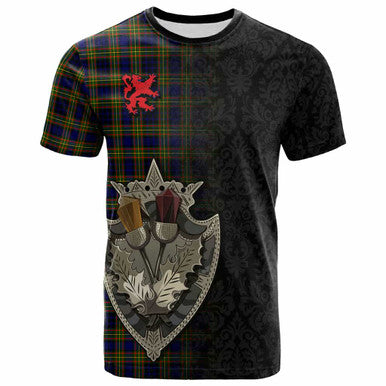 Scottish Clelland Modern Clan Tartan T-Shirt - Half Thistle Flowers Celtic Design Front Side Tartan Plaid