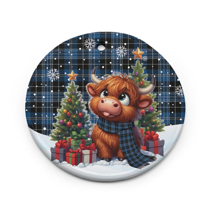 Scottish Clergy Blue Clan Tartan Ceramic Ornament Cute Highland Cow Christmas Circle Style Tartan Plaid