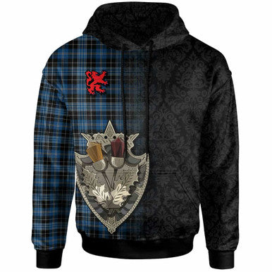 Scottish Clergy Blue Clan Tartan Hoodie - Half Thistle Flowers Celtic Design Front Side Tartan Plaid
