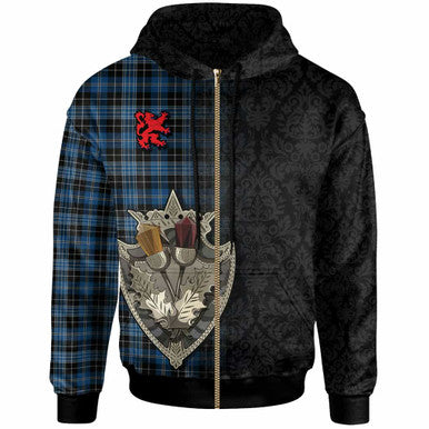 Scottish Clergy Blue Clan Tartan Hoodie - Half Thistle Flowers Celtic Design Zip-up Tartan Plaid