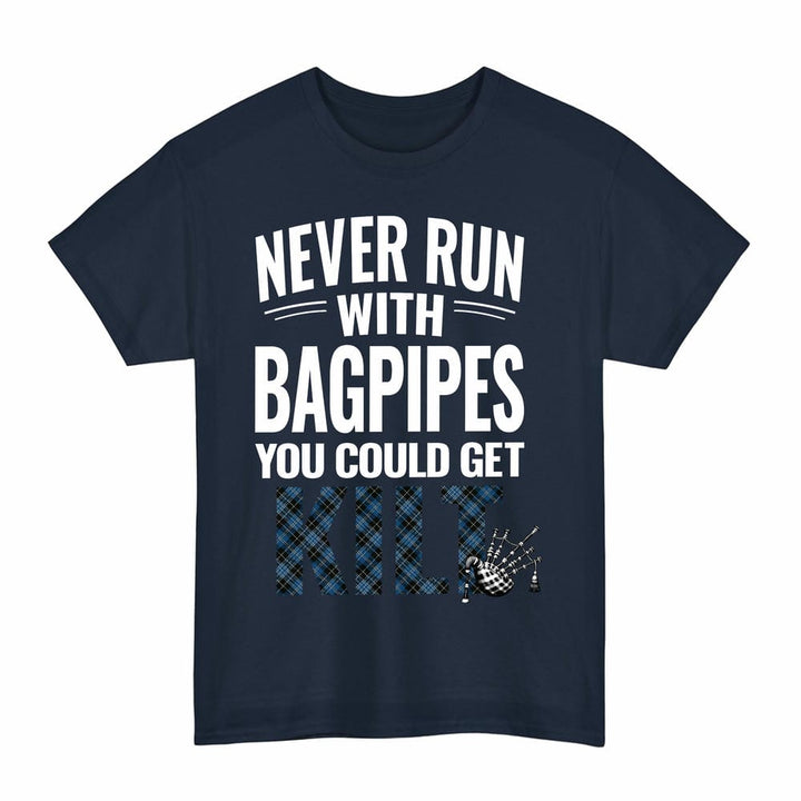 Scottish Clergy Blue Clan Tartan Never Run With Bagpipes T-Shirt Tartan Plaid Navy Color