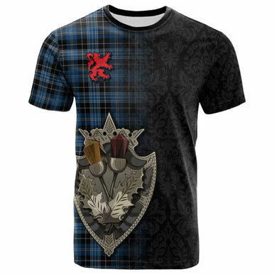 Scottish Clergy Blue Clan Tartan T-Shirt - Half Thistle Flowers Celtic Design Front Side Tartan Plaid