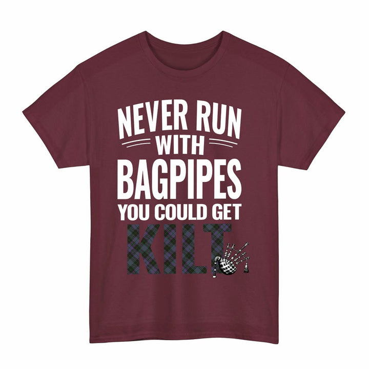 Scottish Clergy Green Clan Tartan Never Run With Bagpipes T-Shirt Tartan Plaid Maroon Color