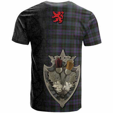 Scottish Clergy Green Clan Tartan T-Shirt - Half Thistle Flowers Celtic Design Back Side Tartan Plaid