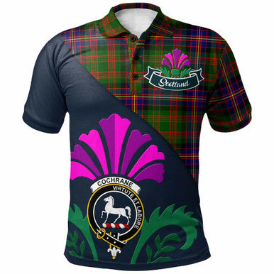 Scottish Cochrane Clan Crest Tartan Polo Shirt - Scotland Thistle Style Front Side Tartan Plaid