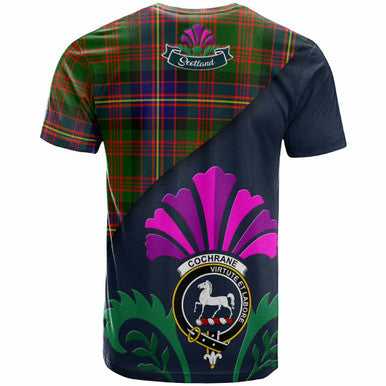 Scottish Cochrane Clan Crest Tartan T-Shirt - Scotland Thistle Style Back Side Tartan Plaid